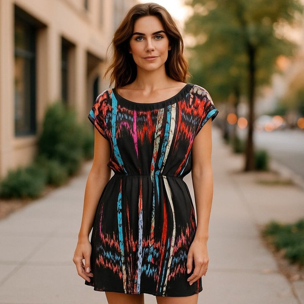 Be Bop Womens Sleeveless Black Multicolor Dress With Back Zipper & Tie Belt - Picture 1 of 10